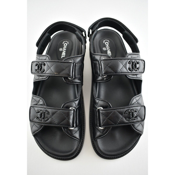 Chanel Black Leather Quilted Chain CC Logo Mule Slide Strap Flat Dad Sandal 36 - Picture 9 of 9